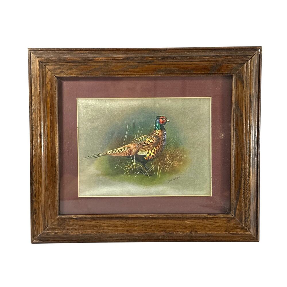 Vintage Basil Ede The Pheasant Foil Art Signed Framed Game Bird 12.5x11 - Picture 3 of 8